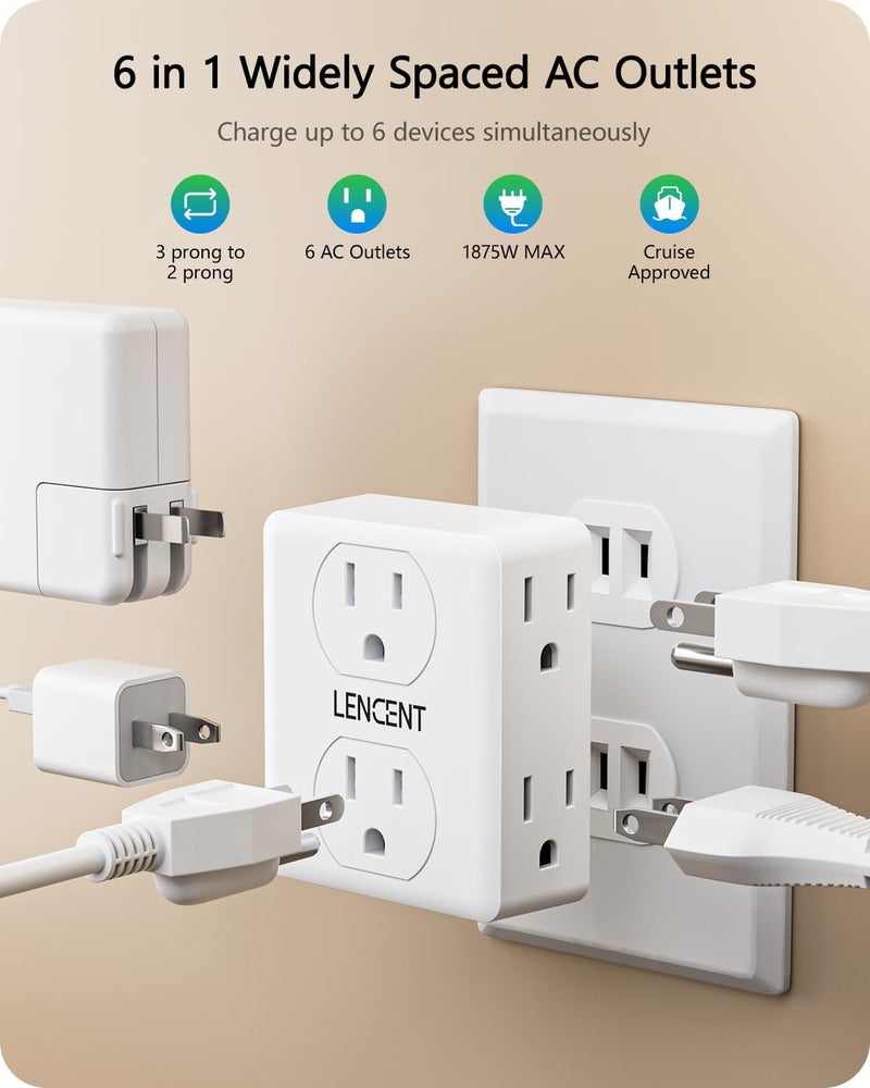 Lencent 2 to 3 Prong Outlet Adapter, 2 Pack 2 Prong Power Strip, 6 Widely Spaced Sockets Extender, 3-Sided Wall Plug Splitter, 1875W Max, Compact Wall tap for Non-Grounded Outlets in Old House Hotel - Image 3
